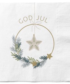 20 styk hvide servietter til jul med krans med gran og stjerne og teksten god jul