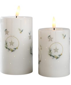 2 styk hvide jule led bloklys i to højder og en diameter på 7,5 centimeter