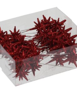 36 styk plastik 3d mini stjerner med glitter på nål i rød 3 centimeter