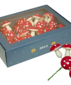 kasse med 48 styk røde fluesvampe med hvide prikker på wire der måler 4 centimeter