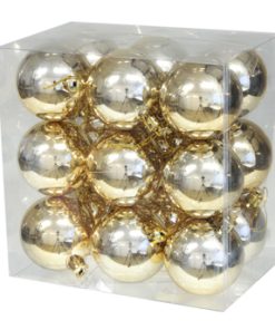 18 styk guld farvede blanke plastik julekugler med diameter 5,8 centimeter