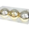 3 styk guld farvede blanke plastik julekugler med diameter 12 centimeter