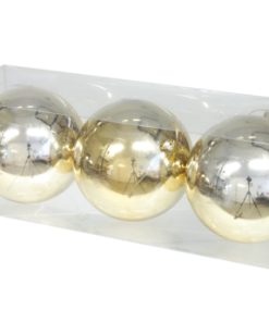 3 styk guld farvede blanke plastik julekugler med diameter 12 centimeter