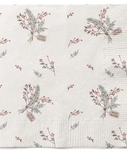 20 styk cremefarvede juleservietter med en smuk julebuket af gran, kviste og bærgrene