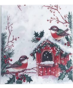20 styk hvide juleservietter med to fugle og fuglehus i snevejr