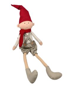 drillenissen alfrida er en drenge drillenisse i rødt og beige tøj, 55 cm høj, klar til at lave nisseløjer i dit hjem