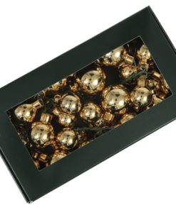 36 styk små blanke guld farvede glas julekugler på wire på ø20, 25 og 30 millimeter til dekorationer