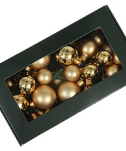 36 styk små matte og blanke guld farvede glas julekugler på wire på ø20, 25 og 30 millimeter til dekorationer