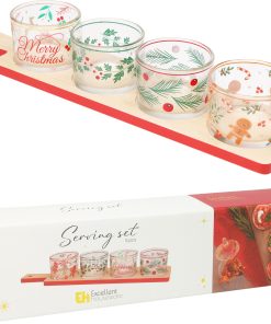 fire glasskåle med julemønster på bambusfad på 37 centimeter