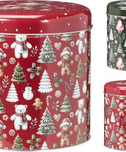 to runde dåser i metal i rød og grøn med julepynt med diameter på 17 og 20 centimeter