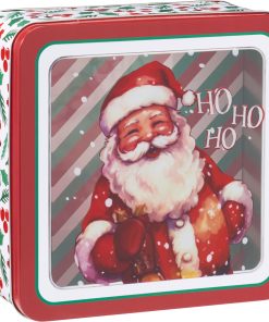Firkantet kagedåse til julens småkager. Gennemsigtigt låg med julemand og hvide sider med blade og bær der måler 19 x19 cm giver ægte julestemning.