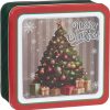 hvid firkantet metal julekagedåse med gennemsigtigt låg med julemand på 19 x 19 centimeter