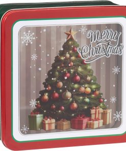 hvid firkantet metal julekagedåse med gennemsigtigt låg med julemand på 19 x 19 centimeter