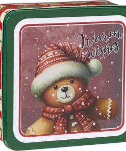 hvid firkantet metal julekagedåse med gennemsigtigt låg med nøddeknækker på 19 x 19 centimeter