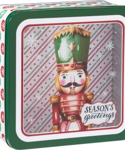 rød firkantet metal julekagedåse med gennemsigtigt låg med peberkagebamse på 19 x 19 centimeter