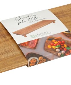 aflang serveringsbakke i dekorativt akacietræ der måler 36 x 14,5 x 3,8 centimeter