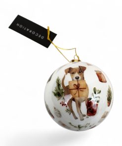 ø8 centimeter plastik decoupage julekugle med spændt hund med gave