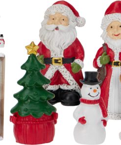 sæt med 5 julefigurere med julemand, kone, snemand, juletræ og kronhjort