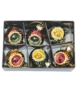 6 styk 4 centimeter store refleks julekugler i glas i guld, grøn og pink