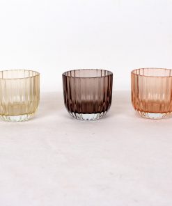 3 lysestager i gennemsigtig glas gul, laks og sort