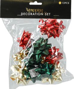 12 styk røde, grønne og guld farvede rosetter sløjfer i metallic look