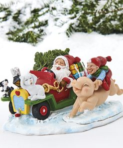 vilhelm hansen polystone figur på 20 x 23 centimeter med forskellige dyr og julemanden i bil