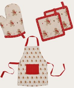 beigefarvet sæt med forklæde, handske og grydelapper til børn fra 4-12 år