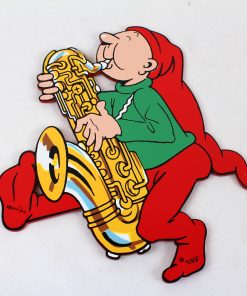 bramming nisse spiller saxofon, figur i træ til ophæng