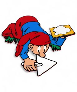 40 centimeter høj  bramming håndværker nisse i træ med blå trøje og murerske