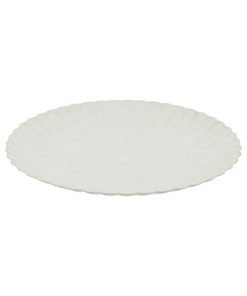 rundt lysegråt plastik fad med bølget kant der måler 33 x 3 centimeter