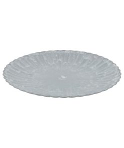 rundt gråt plastik fad med bølget kant der måler 33 x 3 centimeter