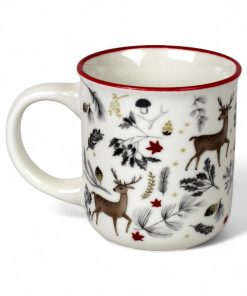200 milliliter stort hvidt porcelænskrus med hjort og naturpynt