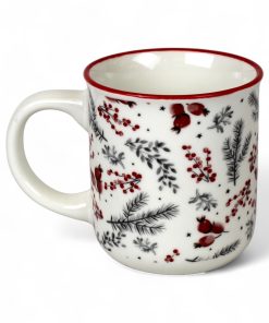 200 milliliter stort hvidt porcelænskrus med julekviste og bær