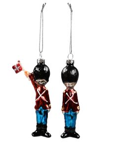 2 styk glas julekuglefigurer med gardersoldater på 3 x 10 centimeter