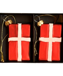 2 styk glas julekuglefigurer på 4 x 6 centimeter i rød og hvid med danske flag