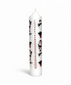 hvidt kalenderlys med røde tal og pynt i ren stearin 5 x 25 centimeter