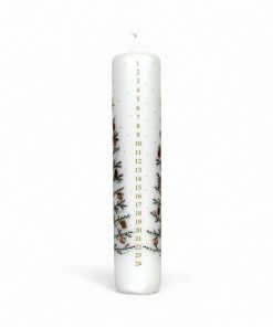hvidt kalenderlys med juletræ og guld tal og sne 5 x 25 centimeter