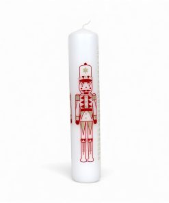 kalenderlys i hvid med rød stor nøddeknækker figur