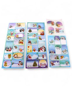 tre ark med forskellige selvklæbende gavemærker med i alt 30 til og fra kort