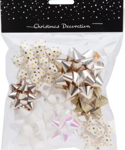 8 styk færdigfoldede hvide og guld roset sløjfer i forskellige designs