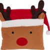 brun og rød julepude på 40 x 40 centimeter i plys med rensdyret rudolf med nissehue