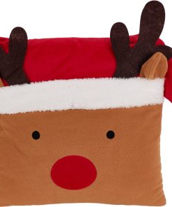 brun og rød julepude på 40 x 40 centimeter i plys med rensdyret rudolf med nissehue
