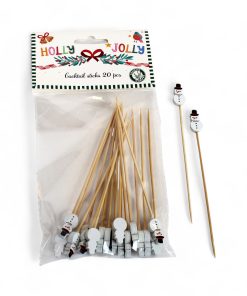 20 styk 13,5 centimeter lange cocktail sticks i træ til jul med snemænd