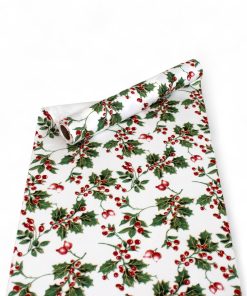 hvid bordløber til jul med kristtorn blade og guld glimmer 150 x 28 centimeter