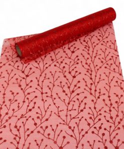 rød gennemsigtig bordløber til jul med grene og glimmer 500 x 30 centimeter