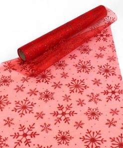 rød gennemsigtig bordløber til jul med snekrystaller med glimmer 500 x 30 centimeter