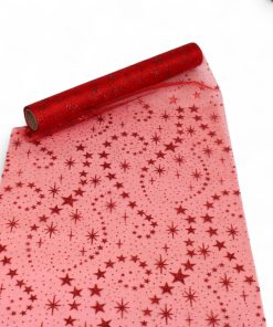 rød gennemsigtig bordløber til jul med glimmerstjerner 500 x 30 centimeter