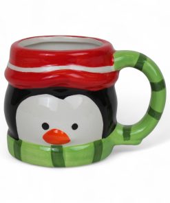 8,5 centimeter højt porcelænskrus til jul med sjov form og pingvinansigt