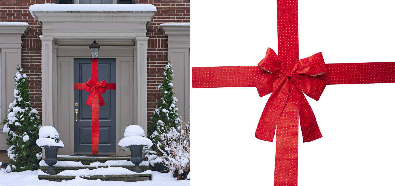 33 x 42 centimeter stor dørsløjfe med bånd i velourrød med guldprikker