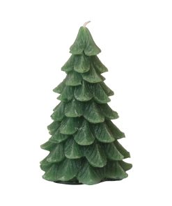 rustikt grønt stearinlys som juletræ der måler 9,5 x 15 centimeter